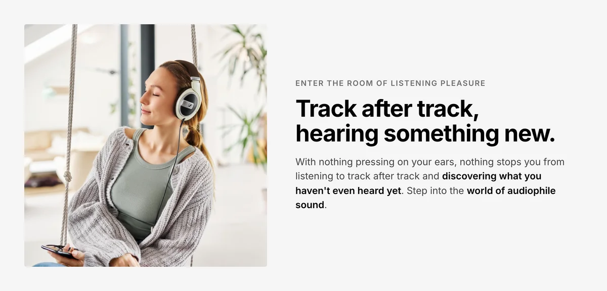 Woman relaxing on a swing wearing Sennheiser HD 599 headphones, listening track after track