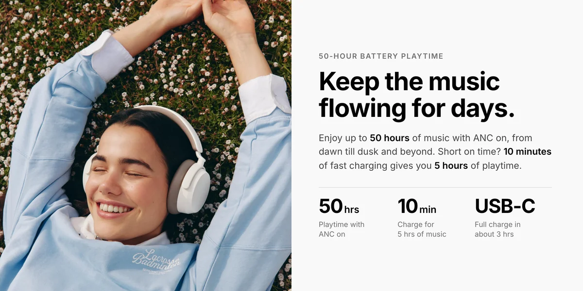 Sennheiser Accentum Wireless 50 hours with ANC on, 10 minute fast charge for 5 hours, USB-C charging