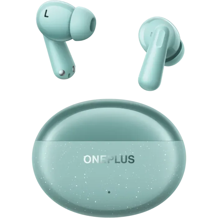 OnePlus Nord Buds 3 Pro true wireless noise cancelling earbuds in Soft Jade, earbuds above the closed charging case