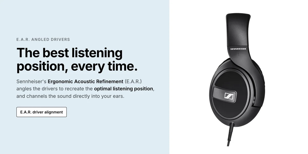 Sennheiser HD 569 side view, E.A.R. angled drivers for the optimal listening position