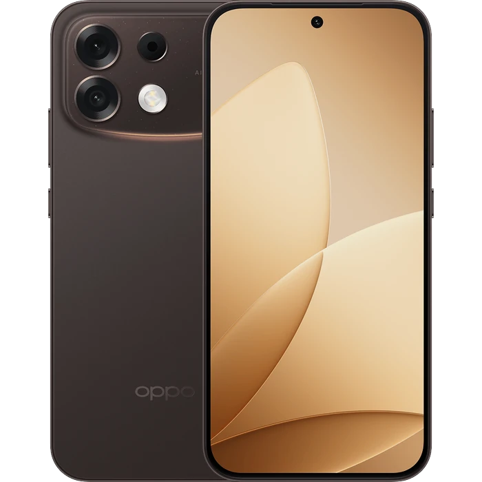 OPPO F35 Pro 5G in Twilight Brown, back and front views with the dark brown back and triple-lens camera platform