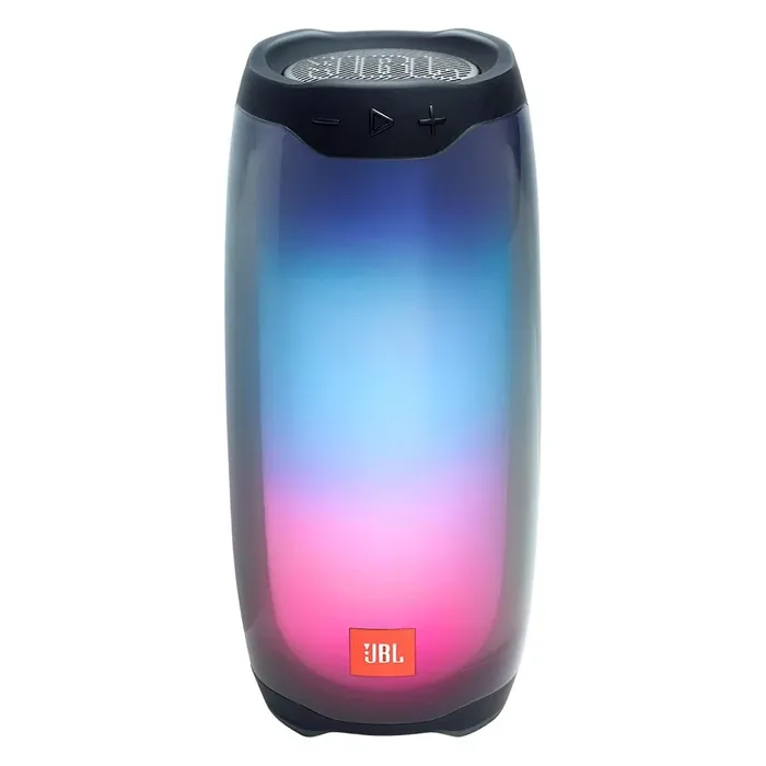 JBL Pulse 4 portable Bluetooth speaker in Black, angled front view with light show