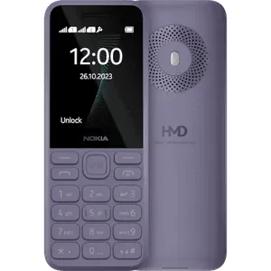Nokia 130 Music in Purple, front view with the 2.4-inch screen and keypad, next to the back with the round loudspeaker