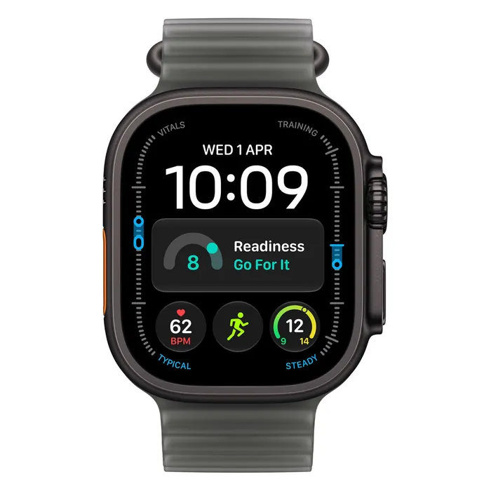 Apple Watch Ultra 4 in Black Titanium with the Translucent Black Ocean Band, front view with the watch face on