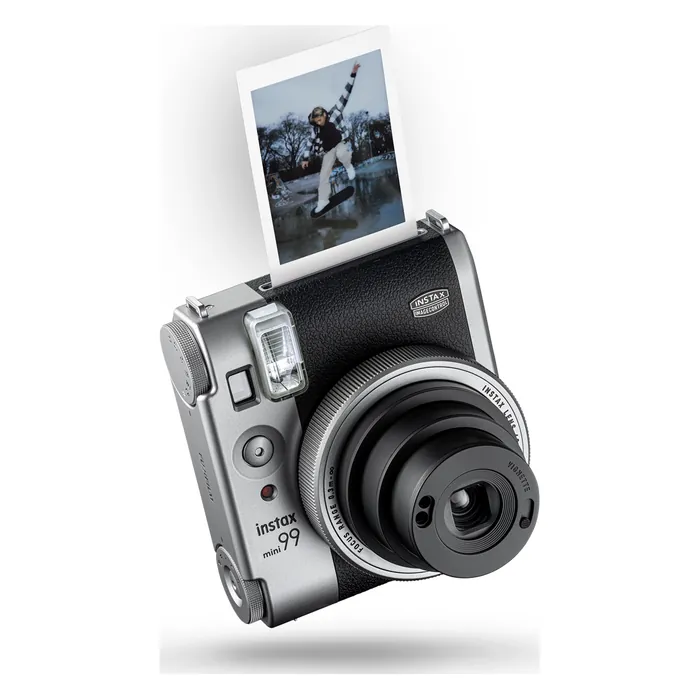 Fujifilm Instax Mini 99 Premium Edition Pack, Silver, camera front view with an instant print