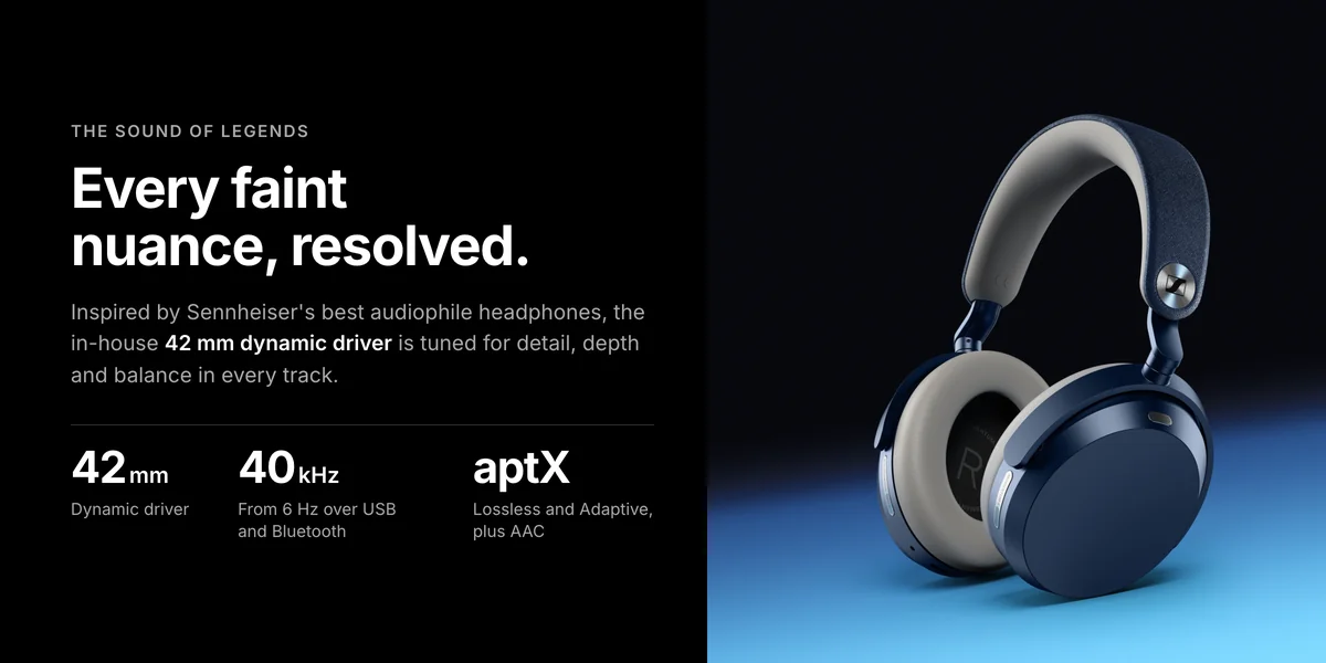 Sennheiser Momentum 5 Wireless 42 mm dynamic driver, 6 Hz to 40 kHz, aptX Lossless, aptX Adaptive and AAC