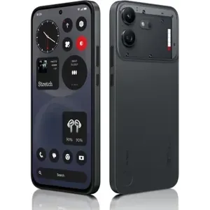 Nothing Phone (4b) in Black, back and front views side by side, showing the dual camera, the Glyph Bar and the home screen