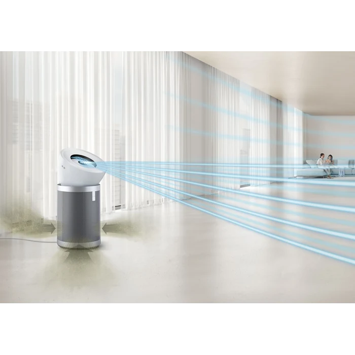 Dyson Purifier Big+Quiet BP02 air purifier in White/Satin Silver, projecting clean air across a large living room