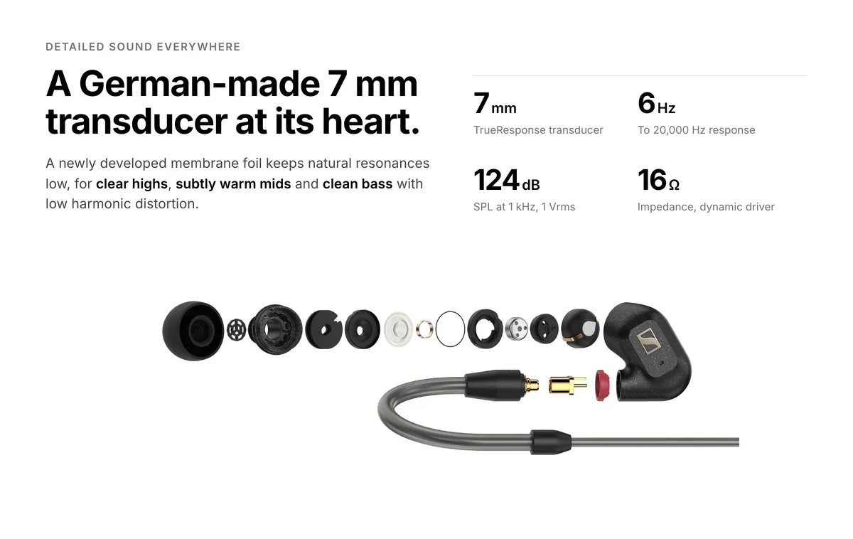 Sennheiser IE 300 exploded view, German-made 7 mm TrueResponse transducer, 6 Hz to 20,000 Hz, 124 dB SPL, 16 ohm