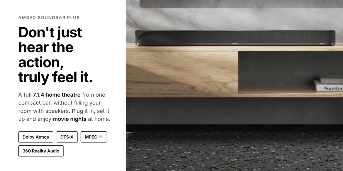 Sennheiser Ambeo Soundbar Plus on a TV stand, 7.1.4 home theatre sound from one compact bar