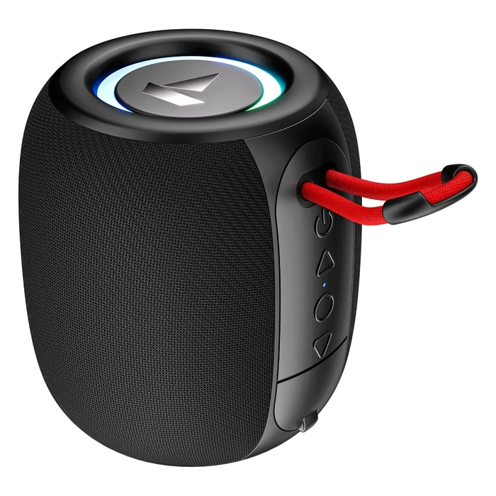 boAt Stone 208 portable Bluetooth speaker in Raging Black, angled front view with the carry strap