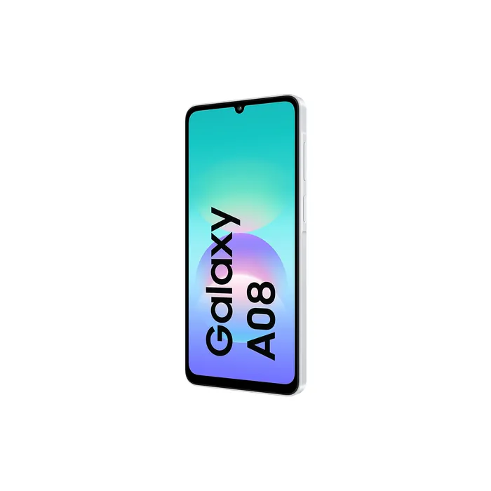 Samsung Galaxy A08 4G in Silver, angled front view