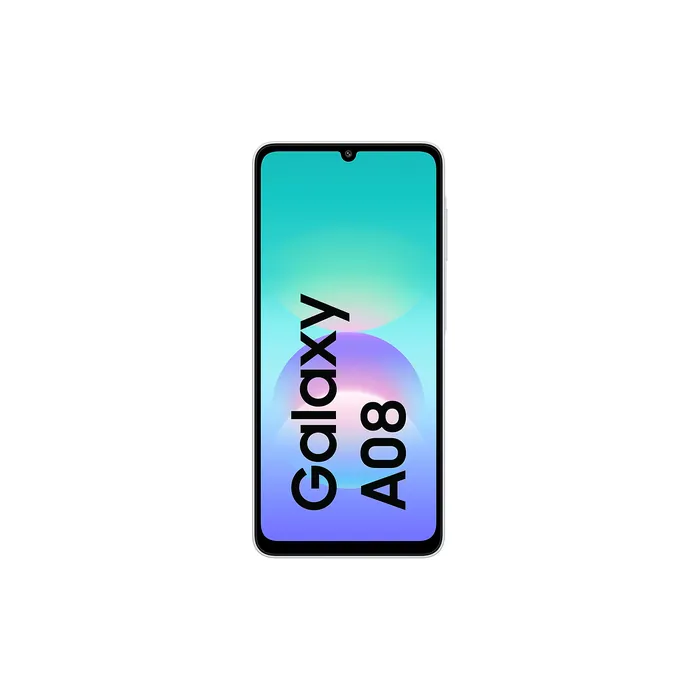 Samsung Galaxy A08 4G in Silver, front view of the 6.7-inch screen