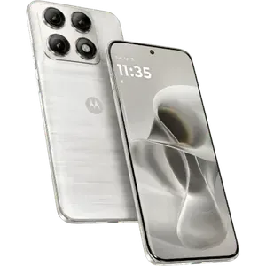 Motorola Edge 70 Pro in Pantone Lily White, angled back and front views