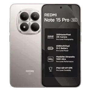 Xiaomi Redmi Note 15 Pro 5G in Silver Ash, back and front views, with the screen listing the 200MP camera, 6580mAh battery and Dimensity 7400-Ultra