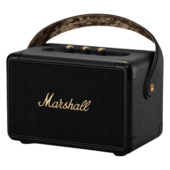 Marshall Kilburn II portable Bluetooth speaker in Black and Brass, angled front view with the carry strap