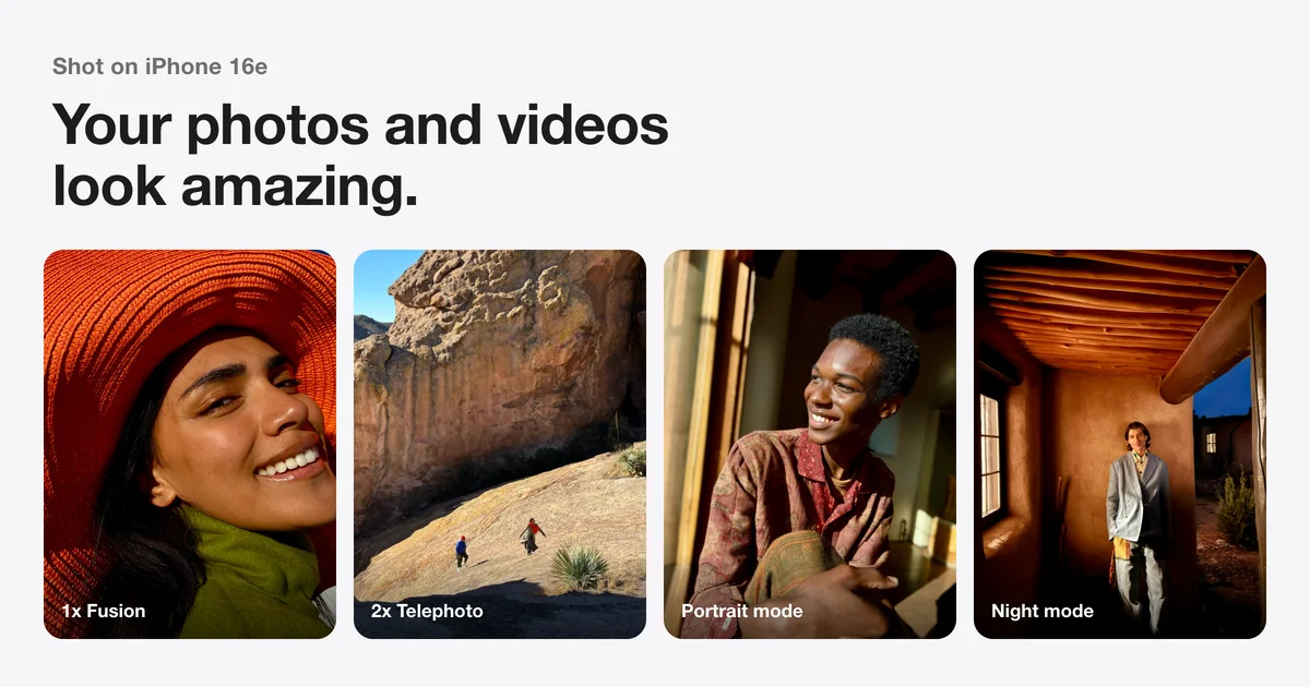 Photos shot on Apple iPhone 16e: 1x Fusion, 2x Telephoto, Portrait and Night mode