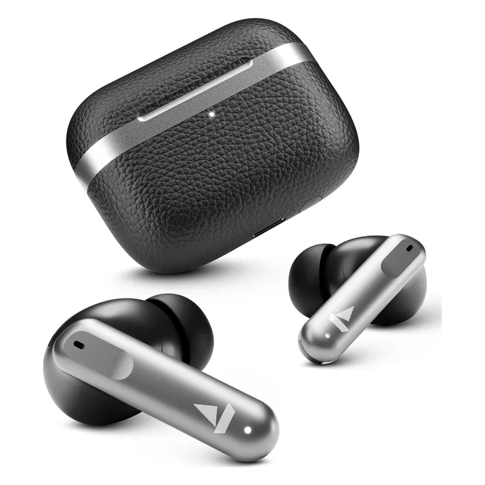 boAt Airdopes 111v2 true wireless earbuds in Classic Black, earbuds with the leather-finish charging case