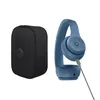 Beats Solo 4 on-ear wireless headphones in Slate Blue, next to the carrying case with the cable connected