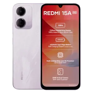 Xiaomi Redmi 15A 5G in Amaze Purple, front and back views