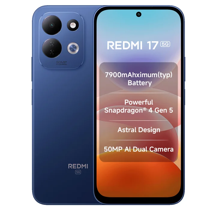 Redmi 17 5G in Endless Blue, front and back views with the key features