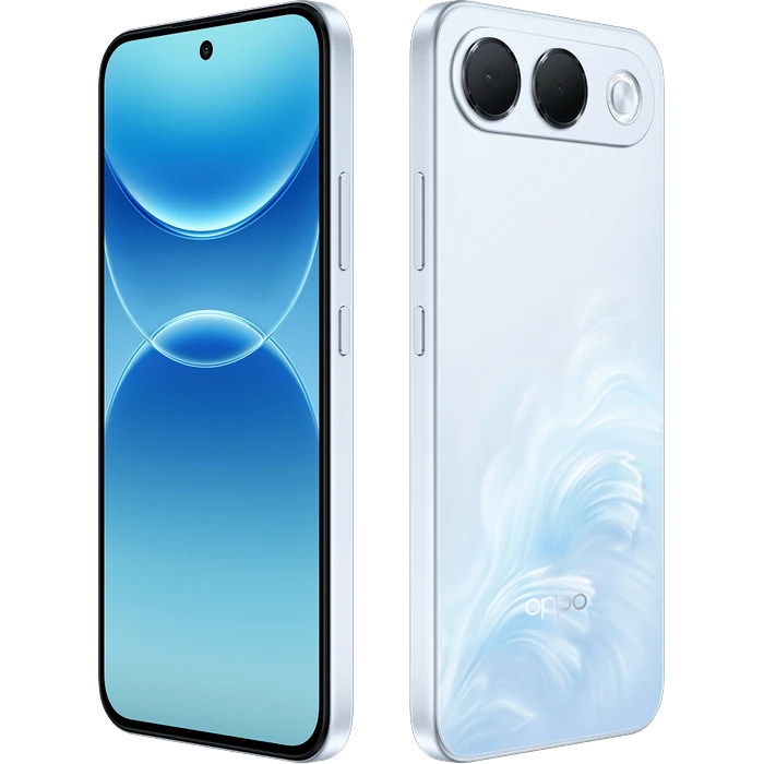OPPO F35 5G in Wave Blue, angled front and back views
