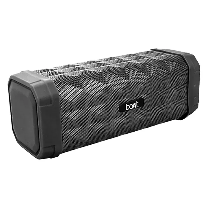 boAt Stone 650R portable Bluetooth speaker in Black, angled view of the diamond pattern grille