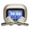 JBL Live Beam 4 noise cancelling earbuds in Sand, earbuds in front of the touchscreen charging case