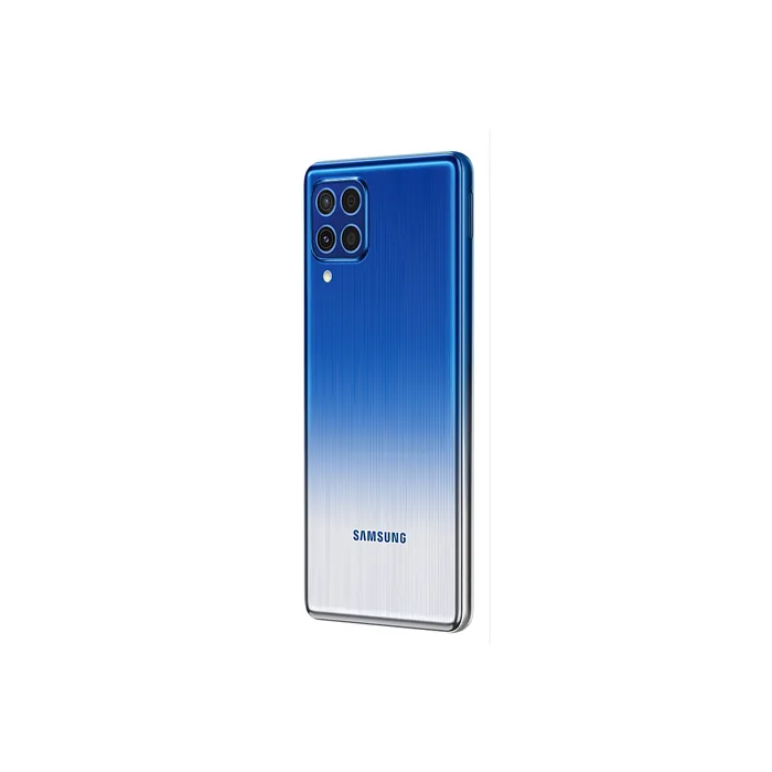 Samsung Galaxy F62 4G in Laser Blue, back at an angle from the other side