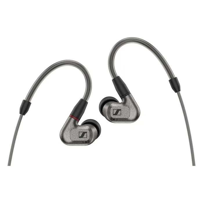 Sennheiser IE 600 wired in-ear monitors, Silver, pair with ear hooks, front view