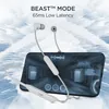 boAt Rockerz Trinity wireless neckband earphones in Kutch White, with a phone, BEAST Mode low latency