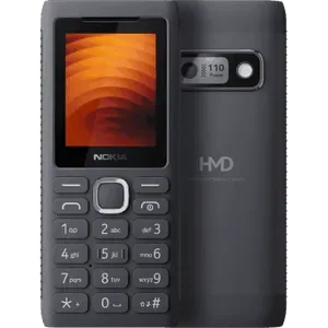 Nokia 110 Power in Grey, front view with the 2-inch screen and keypad, next to the back with the camera and HMD logo