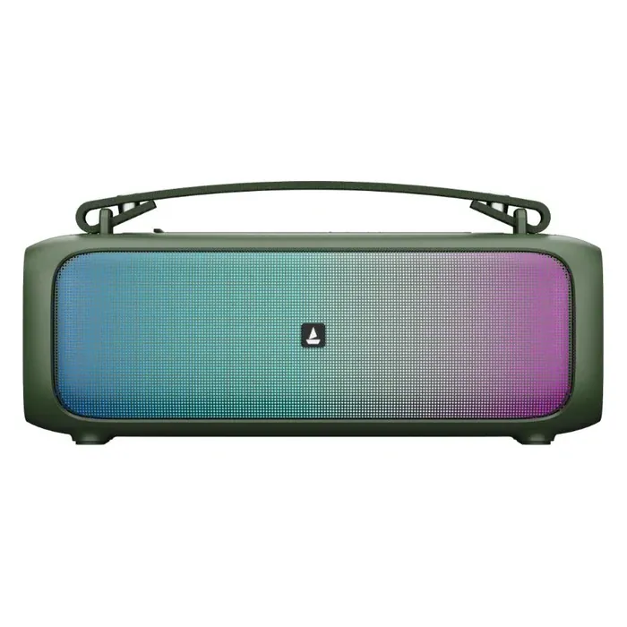 boAt Stone Beam portable Bluetooth speaker in Pine Green, front view with the RGB light panel