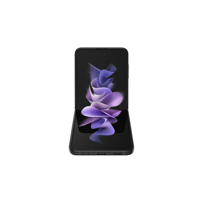 Samsung Galaxy Z Flip 3 in Phantom Black, half open, front view of the 6.7-inch main screen