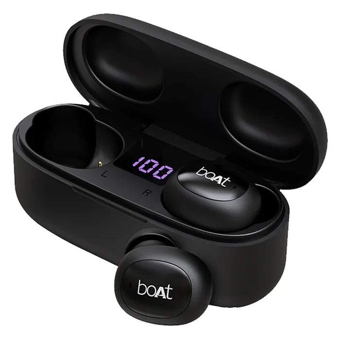 boAt Airdopes 121 v2 true wireless earbuds in Black, earbuds with the open charging case and LED battery display
