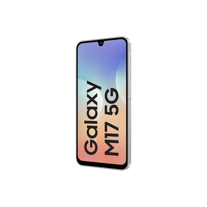 Samsung Galaxy M17 5G in Moonlight Silver, angled front view from the other side, showing the side keys