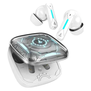 boAt Immortal Airspeed Pro noise cancelling gaming earbuds in White Sabre, earbuds with the open see-through charging case