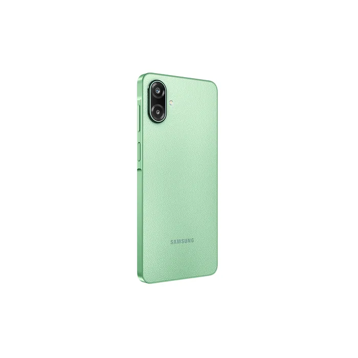 Samsung Galaxy F70e 5G in Limelight Green, angled back view