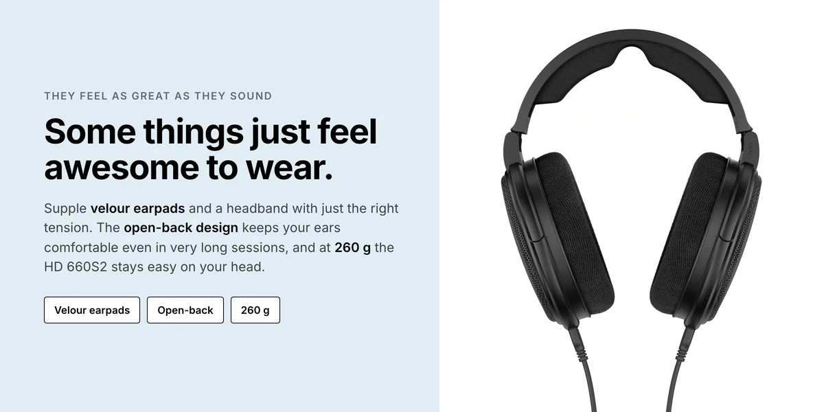 Sennheiser HD 660S2 front view, velour earpads and open-back design, 260 g