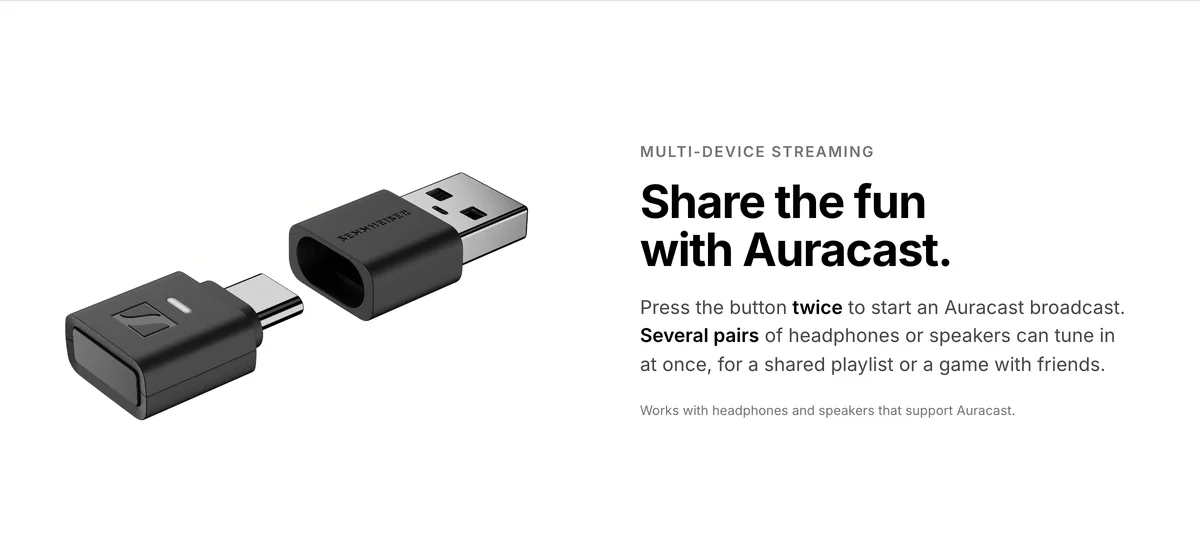 Sennheiser BTD 700 dongle and adapter, Auracast broadcast to several headphones or speakers at once