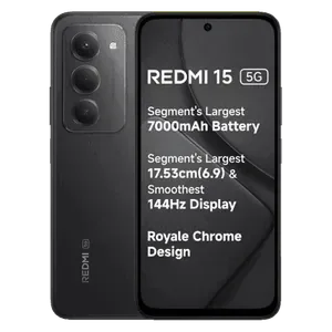 Redmi 15 5G in Midnight Black, front and back views with the key features