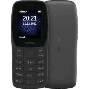 Nokia 105 Classic in Charcoal, front view with the 1.77-inch screen and keypad, next to the back with the Nokia logo