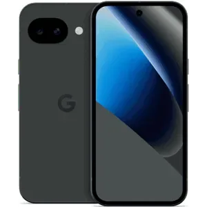 Google Pixel 10a in Obsidian, back and front views side by side, showing the dual camera and the 6.3-inch screen