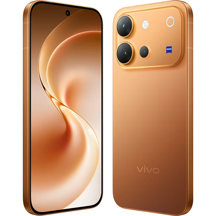 Vivo V80 5G in Sunrise Anthem, angled front and back views