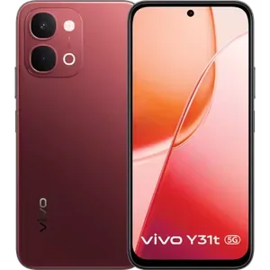 Vivo Y31t 5G in Crimson Red, back and front view showing the dual camera module and screen