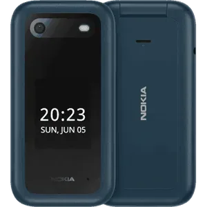 Nokia 2660 Flip 4G in Blue, closed front with the outer screen and camera, next to the back view