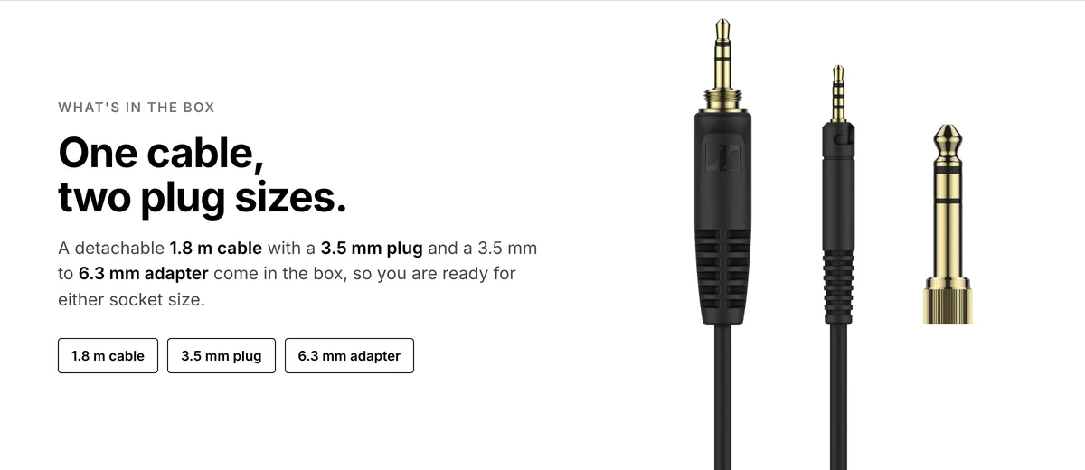 Sennheiser HD 620S 1.8 m cable with 3.5 mm plug and 3.5 mm to 6.3 mm adapter from the box