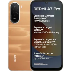 Redmi A7 Pro 4G in Sunset Orange, back and front views with key features