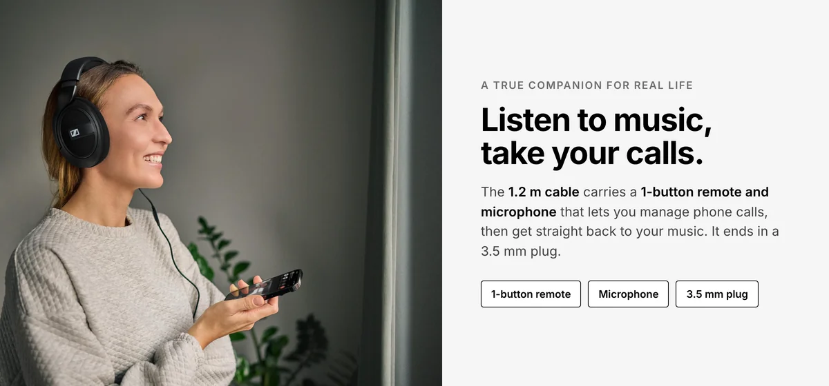 Listener wearing Sennheiser HD 569 with a phone, 1.2 m cable with 1-button remote and mic