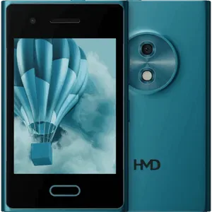 HMD Touch 4G in Cyan, front with the 3.2-inch touchscreen next to the back with the round camera ring and HMD logo